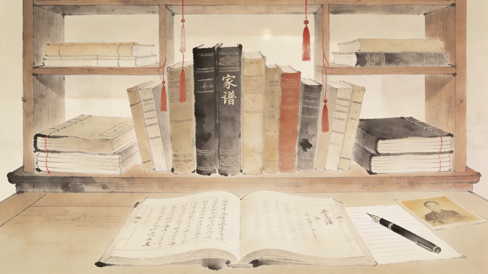 A warm desk scene with a notebook, scattered documents, and a laptop displaying a family tree visualization — symbolizing the full journey from recording yourself to a digitized family tree